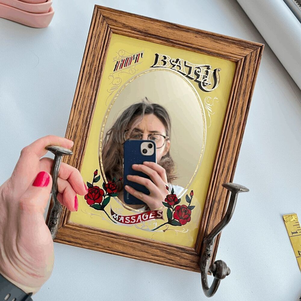 Vintage 1991 Hensley Wood-Framed Barbershop Mirror w/ Hooks, Rose Design